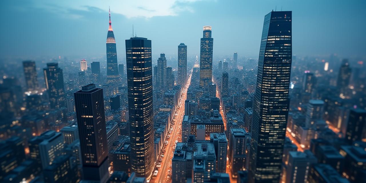 東京のビジネス街の夜景とモダンなオフィスビル群